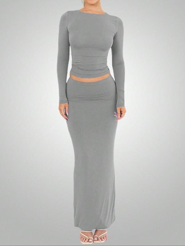 Two-Piece Set Women's Solid Long Sleeve Tee & Long Skirt, Casual Round Neck Top & Skirt for Daily Wear, Ladies Clothes for All Seasons