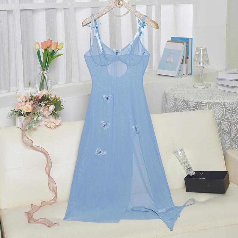 Women's sexy side slit midlength slip nightdress Women's Butterfly retro lace-up See-through pajamas