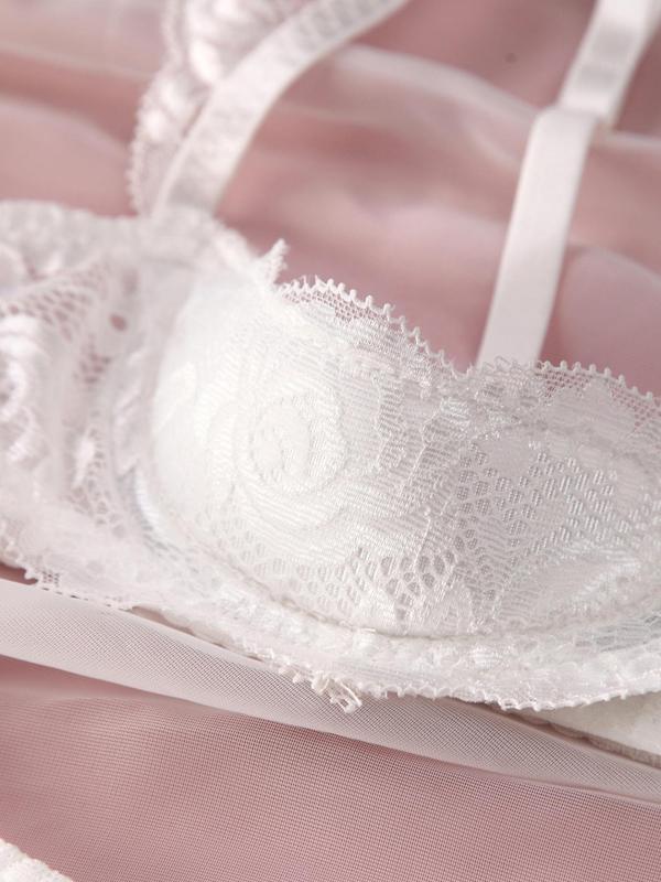 Women's Solid Bow Front Sheer Lace Bra & Thong  Set, Sexy Adjustable Strap Lingerie Set, Women's Lingerie & Underwear