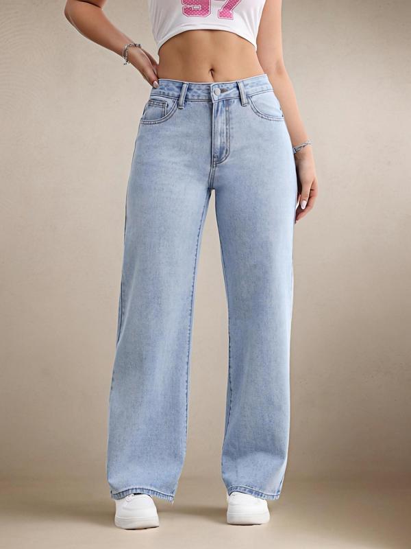 Women's Bow Embroidered  Straight Leg Jeans, Casual Pocket Button Fly Denim Trousers for Daily Wear, Ladies Bottoms for All Seasons