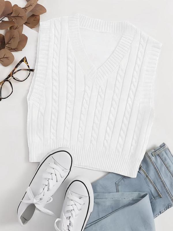 Women's Textured V Neck Sweater Vest, Casual Solid Color Sleeveless Knit Top for Spring & Fall, Fashion Women's Knitwear for Daily Wear
