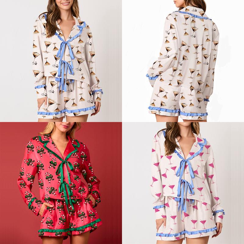 Women Christmas Pajamas Set 2 Pieces Loungewear Suits Candy Cane Cocktail Glasses Print Shirts Tops and Shorts Sleepwear Outfits