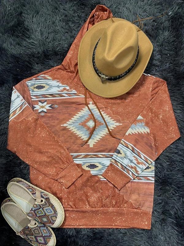 Women's Ethnic Pattern Hoodie, Casual Navajo Style Printed Long Sleeve Hooded Sweatshirt for Daily Holiday Vacation Wear, Ladies Clothes for All Seasons