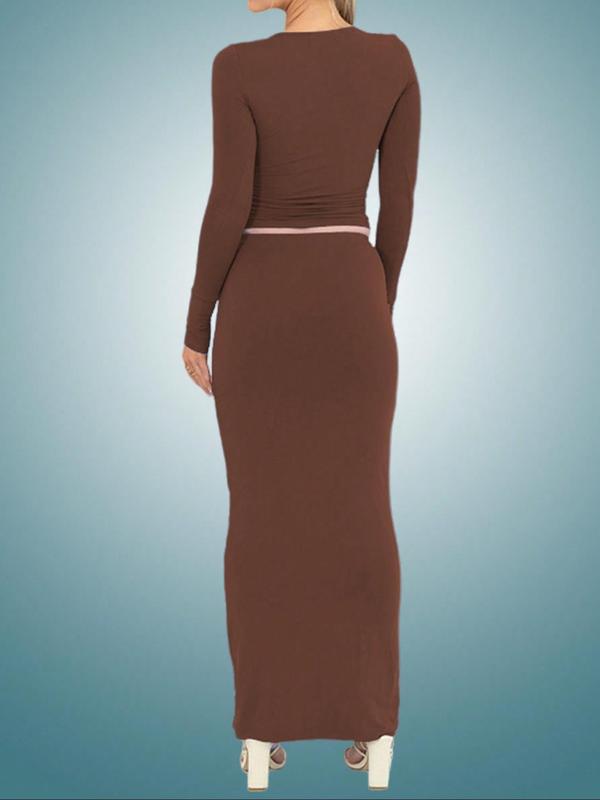 Two-Piece Set Women's Solid Long Sleeve Tee & Long Skirt, Casual Round Neck Top & Skirt for Daily Wear, Ladies Clothes for All Seasons