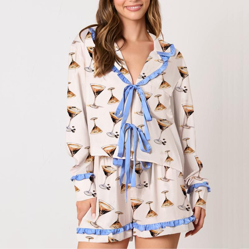 Women Christmas Pajamas Set 2 Pieces Loungewear Suits Candy Cane Cocktail Glasses Print Shirts Tops and Shorts Sleepwear Outfits