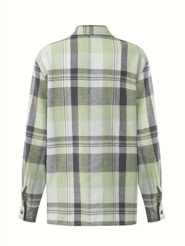 Women's Plaid Print Button Front Drop Shoulder Shirt, Casual Long Sleeve Pocket Collared Top for Daily Wear, Ladies Clothes for All Seasons