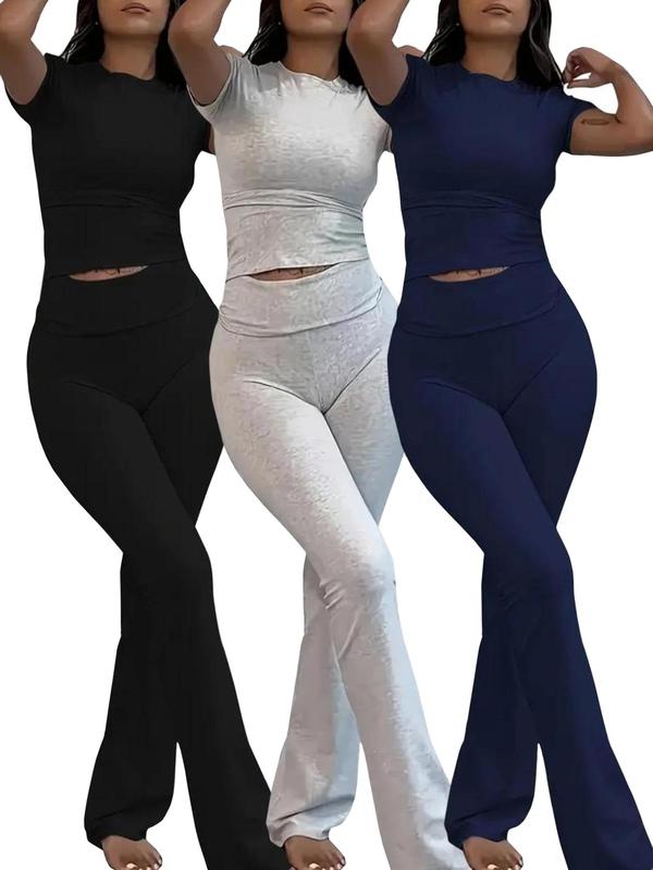 Women's Solid Color Round Neck Tee & Flare Leg Pants Pyjama Set, Casual Comfy Short Sleeve T-shirt & Bell Bottom Trousers PJ Set, Ladies Sleepwear for All Seasons