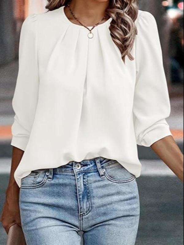 Women's Plain Plicated Puff Sleeve Blouse, Elegant Long Sleeve Round Neck Top for Daily Wear, Ladies Clothes for All Seasons