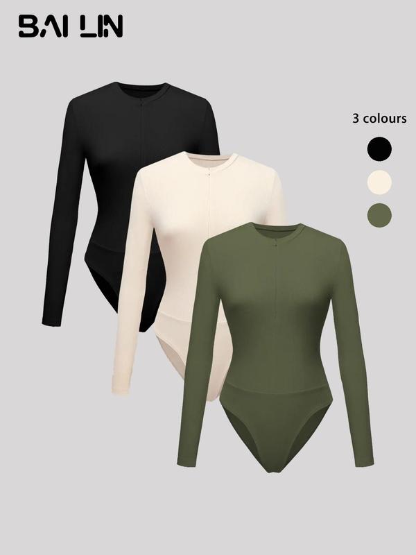Women's Solid Color Zip Up Ribbed Bodysuit, Casual Long Sleeve Round Neck Bodysuit for Daily Wear, Ladies Clothes for All Seasons