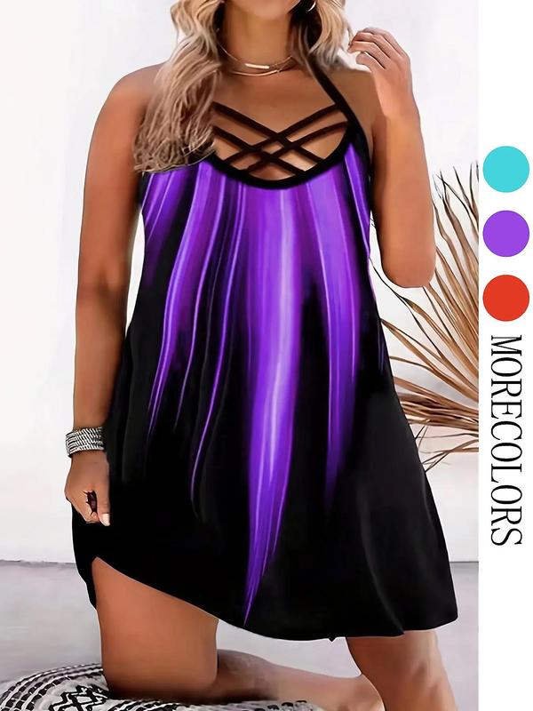  Colorblock Criss Cross Cut Out Cami Dress, Casual Sleeveless Spaghetti Strap Short Dress for Summer, Dresses for Women, Summer Outfits, Women's Clothing for Daily Wear