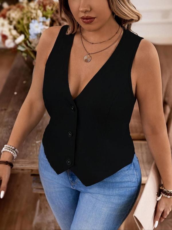  Solid Button Front Vest Blazer, Elegant Fashion Casual Sleeveless Outerwear for Daily Outdoor Wear, Women Clothing for All Seasons
