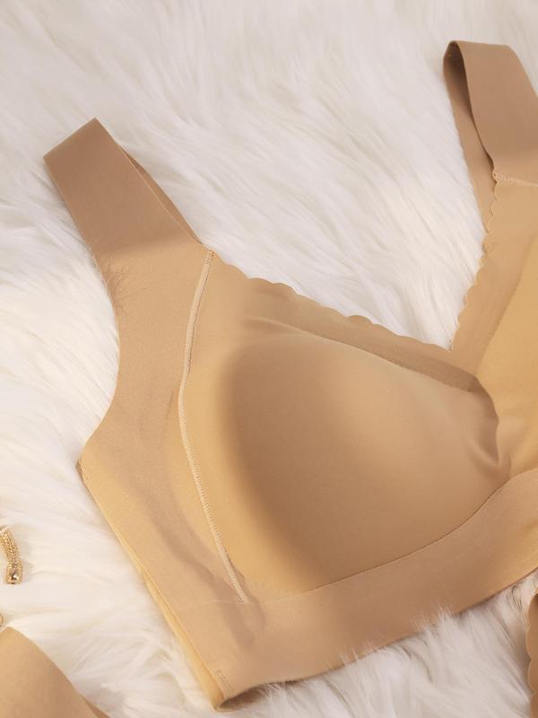 Women's Solid Scallop Trim Wireless Push Up Bra, Soft Comfy Breathable Lingerie Top for Daily Wear, Women's Lingerie for All Seasons