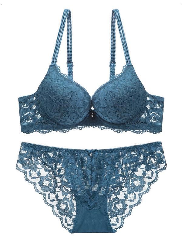 Two-Piece Set Women's Adjustable Strap Lace Bra & Bow Front Panty Set, Solid Color Push Up Lingerie Set, Soft Comfortable Breathable Underwear Set for Daily Wear