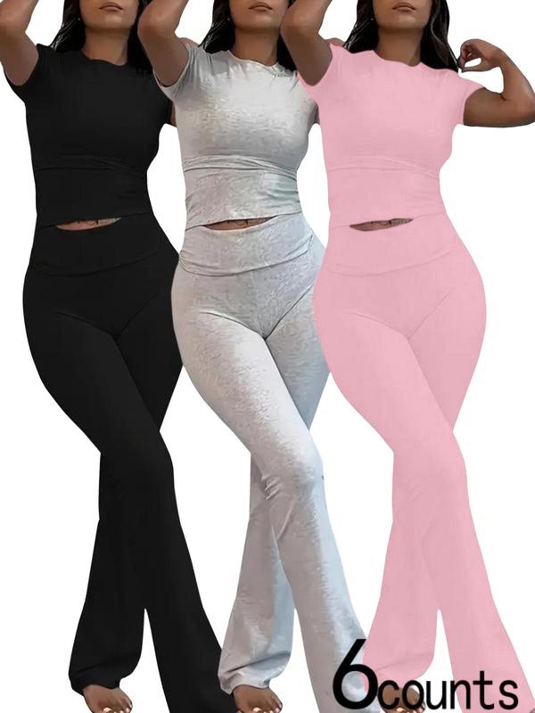 Women's Solid Color Round Neck Tee & Flare Leg Pants Pyjama Set, Casual Comfy Short Sleeve T-shirt & Bell Bottom Trousers PJ Set, Ladies Sleepwear for All Seasons