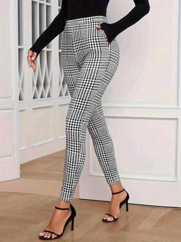 Women's Geometric Houndstooth Print High Waist Skinny Pants, Casual Comfy Pocket Design Trousers for Spring & Fall, Fashion Women's Bottoms for Daily Wear, Pants for Women