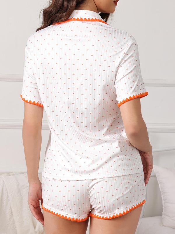 Two-Piece Set Women's Heart Print Contrast Binding Pajama Set, Casual Button Front Sleep Top & Elastic Waist PJ Shorts, Summer Wear, Women's Sleepwear & Homewear