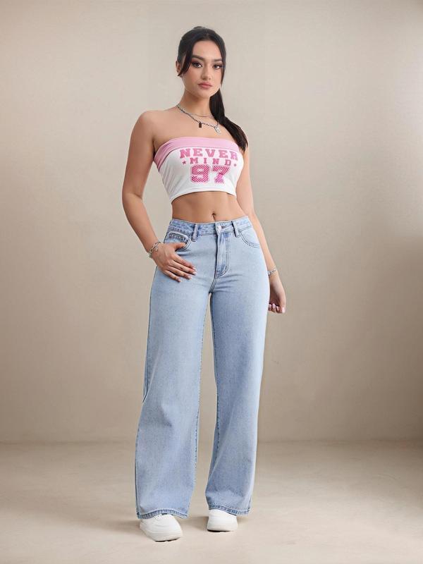 Women's Bow Embroidered  Straight Leg Jeans, Casual Pocket Button Fly Denim Trousers for Daily Wear, Ladies Bottoms for All Seasons