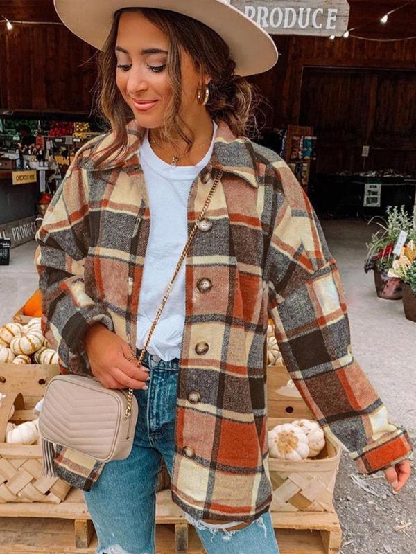 Women's Plaid Print Button Front Drop Shoulder Coat, Casual Fashion Jackets, Chic Comfort Longsleeves Collared Button Up Outerwear for Fall, Lady Clothing for Daily Wear, Womenswear, Downtown Girl Clothes