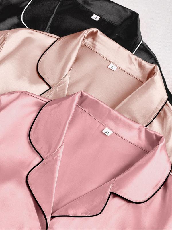 Women's Contrast Binding Lapel Shirt & Elastic Waist Pants Satin Pyjama Set, Casual Comfy Short Sleeve Pocket Button Up Top & Elastic Waist Long Trousers PJ Set, Ladies Sleepwear for All Seasons