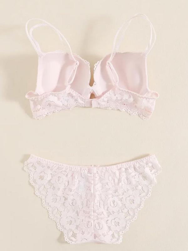 Two-Piece Set Women's Adjustable Strap Lace Bra & Bow Front Panty Set, Solid Color Push Up Lingerie Set, Soft Comfortable Breathable Underwear Set for Daily Wear