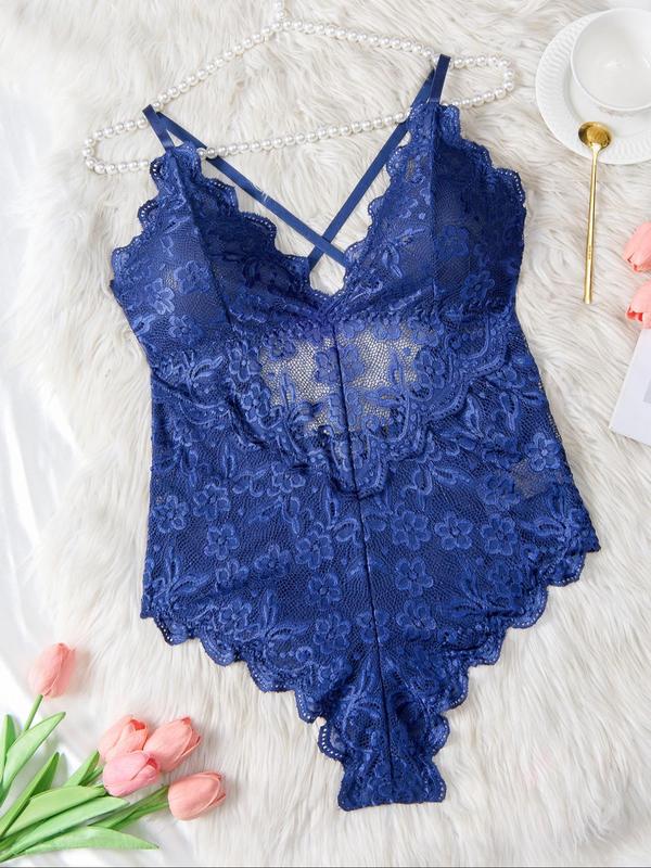  Criss Cross Backless Lace Thong Design Teddy Lingerie Bodysuit, Sexy Romantic Plain Deep V Neck Button Closure Crotch Cami Lingerie Bodysuit, Women's Sleepwear for Summer