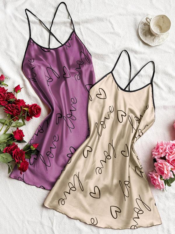 Women's Heart & Letter Print Criss Cross Backless Cami Nightdress, Summer Clothes Women, Casual Adjustable Spaghetti Strap Nightgown, Night Gown for Women, Women's Sleepwear & Loungewear