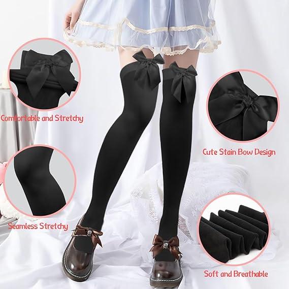 Satin Bow Knee High Stockings for Women Girls, Opaque Over Knee Long Sock, Thigh High Socks with Bows Clothing Comfort