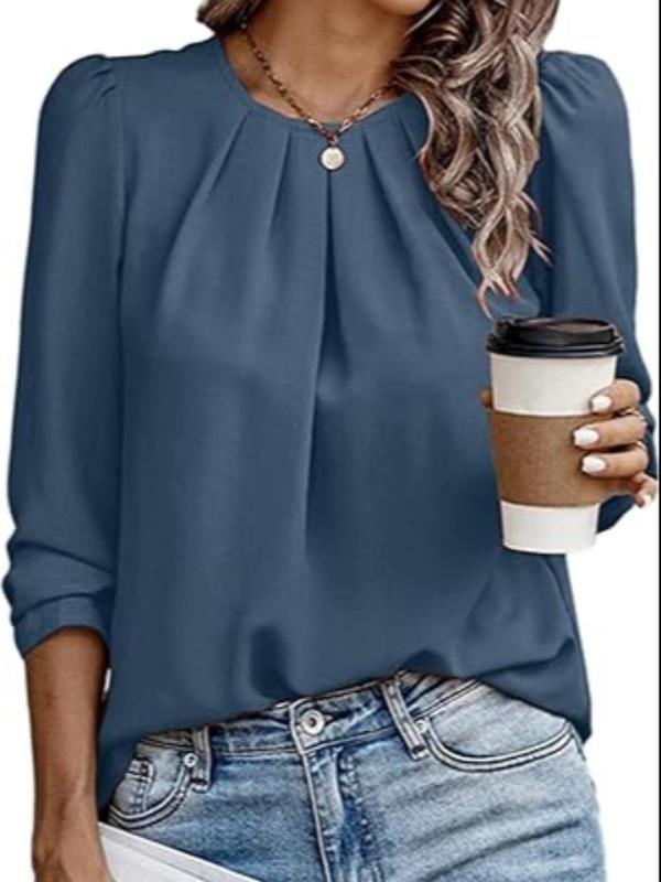 Women's Plain Plicated Puff Sleeve Blouse, Elegant Long Sleeve Round Neck Top for Daily Wear, Ladies Clothes for All Seasons