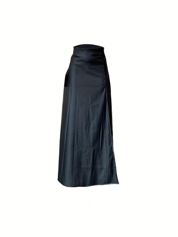  Solid Split Thigh Zipper Back PU Leather Skirt, Elegant Fashion High Waist Long Skirt for Party Club Dating, Women's Clothing for All Seasons