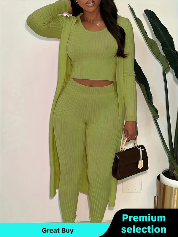 3 Counts Women's Plus Size Minimalist Solid Co-ords Set, Lady Basic Casual Comfort Spaghetti Strap Crop Top & High Waist Skinny Pants & Open Front Long Coat Set, Women's 3 Piece Sets, Going Out Outfits 2024 Downtown Girl Clothes