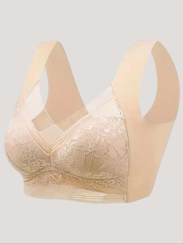 Women's Contrast Lace Wireless Seamless Bra, Soft Comfortable Breathable Contrast Mesh Push Up Bra, Solid Color Lingerie for Women