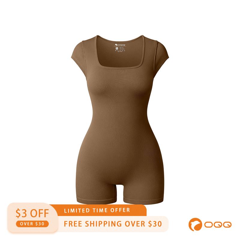OQQ Women Rompers Ribbed  Short Sleeve  Casual Yoga Workout Jumpsuit Bodysuit Fabric