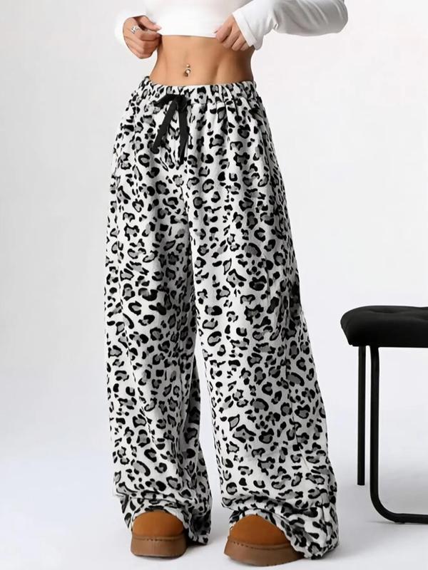 Women's Leopard Print Bow Decor Elastic Waist Wide Leg Pants, Casual Comfy Plush Trousers for Daily Wear, Ladies Bottoms for Fall & Winter
