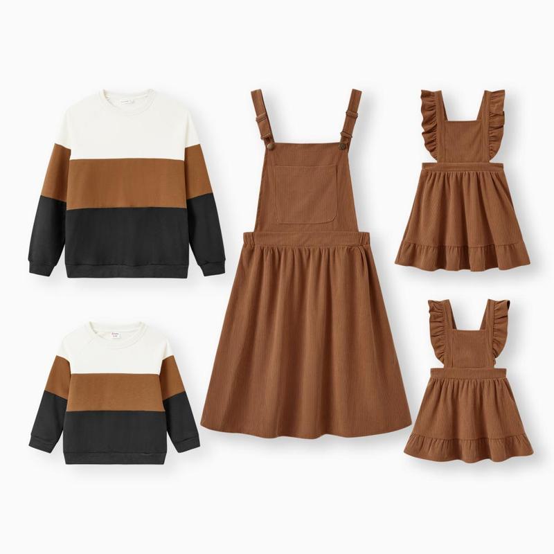 PatPat Family Matching Brown Corduroy Color block Sweatshirt or Adjustable Pinafore Dress