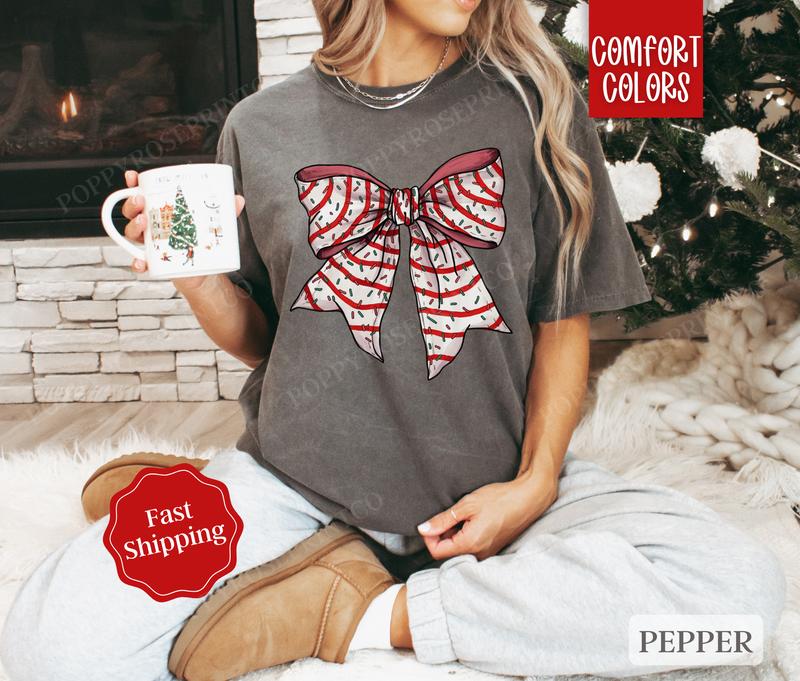 Christmas Cake Bow Shirt Comfort Colors Holiday Tshirt,  Women's Holiday Tee christmas shirt retro christmas