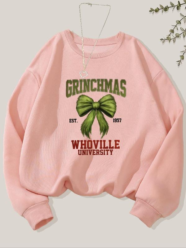 Women's Bowknot Print Crew Neck Sweatshirt, Casual Long Sleeve Pullover for Fall & Winter, Women's Clothes for Daily Wear