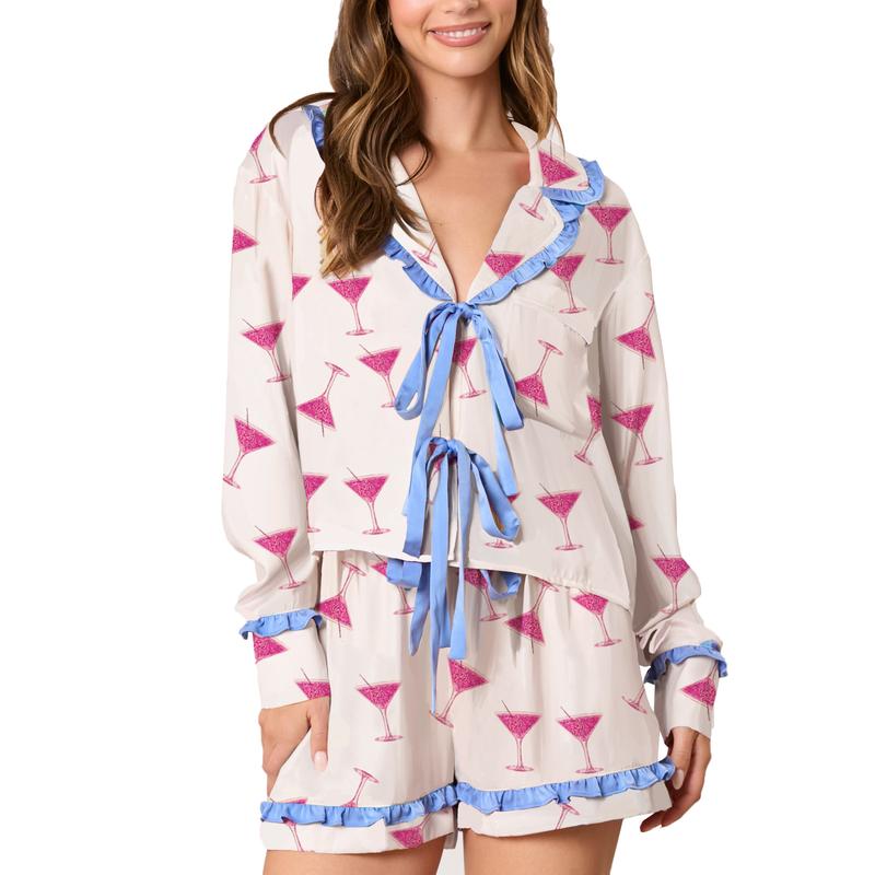 Women Christmas Pajamas Set 2 Pieces Loungewear Suits Candy Cane Cocktail Glasses Print Shirts Tops and Shorts Sleepwear Outfits