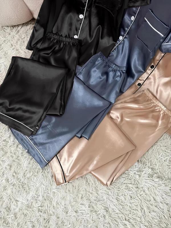 Women's Contrast Binding Lapel Shirt & Elastic Waist Pants Satin Pyjama Set, Casual Comfy Short Sleeve Pocket Button Up Top & Elastic Waist Long Trousers PJ Set, Ladies Sleepwear for All Seasons