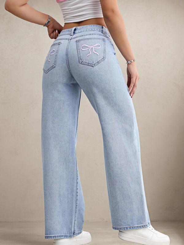 Women's Bow Embroidered  Straight Leg Jeans, Casual Pocket Button Fly Denim Trousers for Daily Wear, Ladies Bottoms for All Seasons