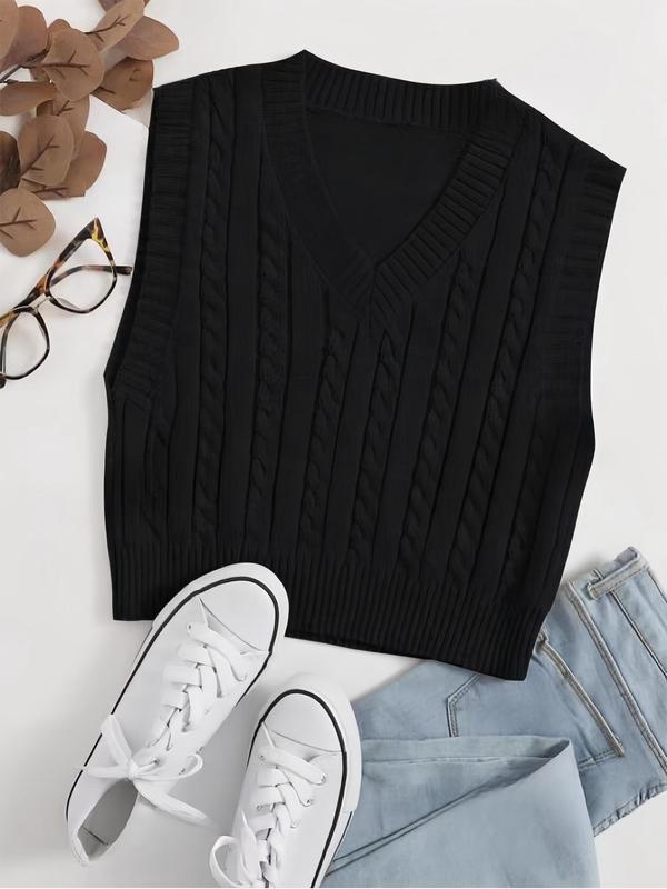 Women's Textured V Neck Sweater Vest, Casual Solid Color Sleeveless Knit Top for Spring & Fall, Fashion Women's Knitwear for Daily Wear