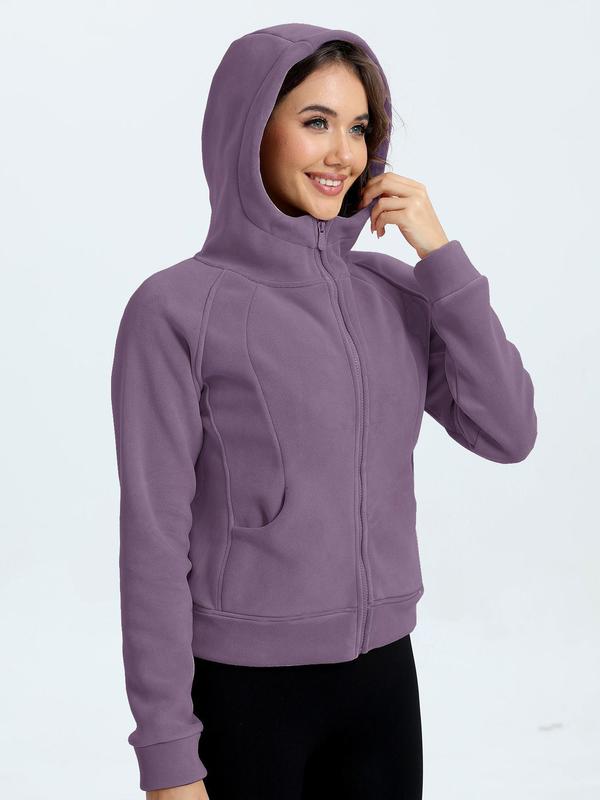 Women's Solid Pocket Zip Up Hooded Sports Sweatshirt, Casual Womenswear, Longsleeves Raglan Sleeve Pullover for Fall & Winter,  Gym Tops, Women's Sportswear for Lady Indoor Outdoor Back To School Wear, Fall Outfits 2024