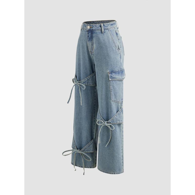Cider [4 colors, size 0-26] Cider Denim Mid Rise Solid Three Dimensions Bowknot Pocket Wide Leg Jeans, Cute Womenswear