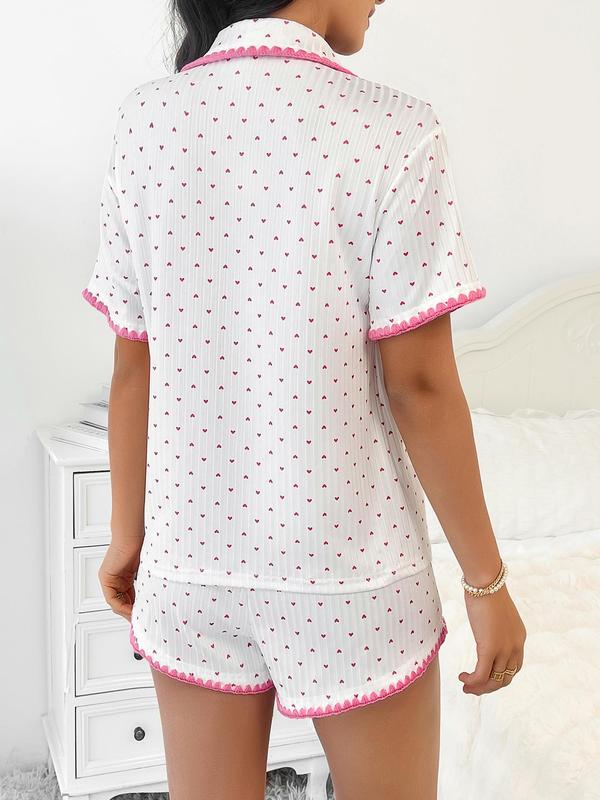 Two-Piece Set Women's Heart Print Contrast Binding Pajama Set, Casual Button Front Sleep Top & Elastic Waist PJ Shorts, Summer Wear, Women's Sleepwear & Homewear