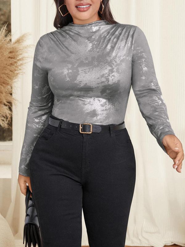 CURVZY Plus Size Solid Mock Neck Long Sleeve Bodysuit, Elegant Fashion Casual Comfy Bodysuit for Daily Outdoor Wear, Women Plus Clothing for All Seasons