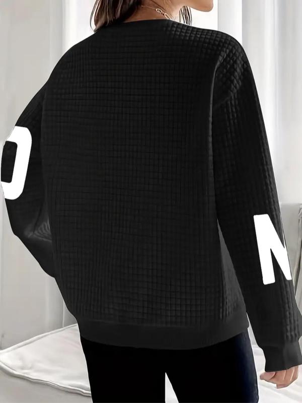  Letter Print Drop Shoulder Pullover, Casual Long Sleeve Crew Neck Sweatshirt for Daily Outdoor Wear, Women Clothing for Fall & Winter