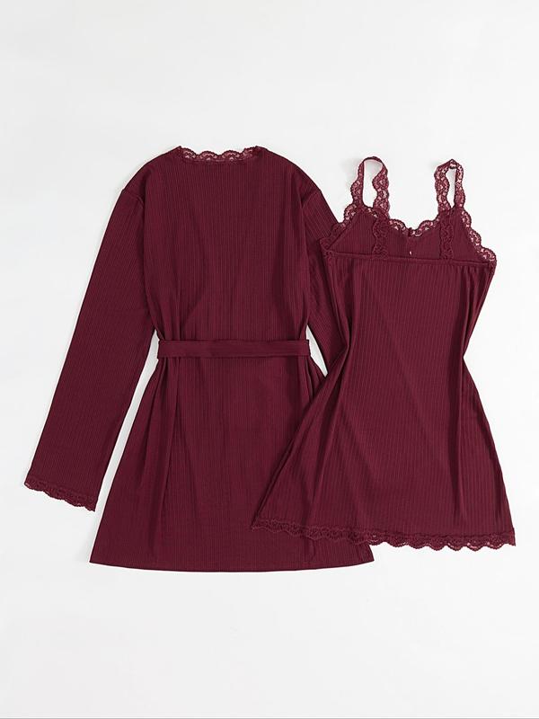 2 Counts Women's Striped Contrast Lace Belted Robe & Cami Nightdress Two-piece Set, Elegant Long Sleeve Robe & Button Front Nightgown, Ladies Sleepwear & Loungewear for All Seasons, 2 Piece Sets Women, Minimalist PJ Sets for Women，Fall Clothes