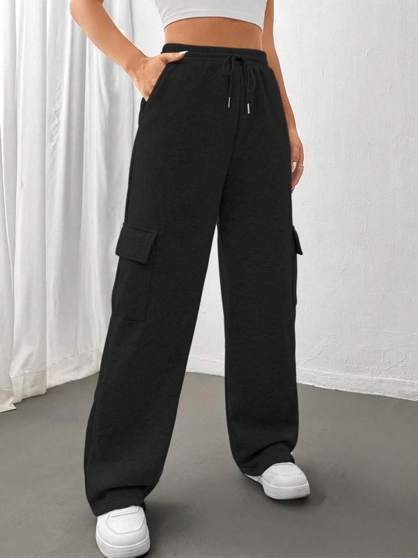 Women's Plain Drawstring Waist Thermal Lined Wide Leg Pants, Casual Pocket Design Trousers for Fall & Winter, Women's Bottoms for Daily Wear