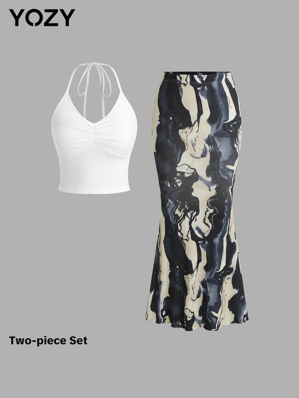 YOZY [4 colors, size 4-14] Ruched Halter Crop Top & Tie Dye Print Maxi Skirt Dress Set  Spaghetti Strap Backless Top & Elastic Waist Lettuce Trim Mermaid Skirt, 2024 Women's Holiday & Vacation Wear for Summer, [S-XXL]
