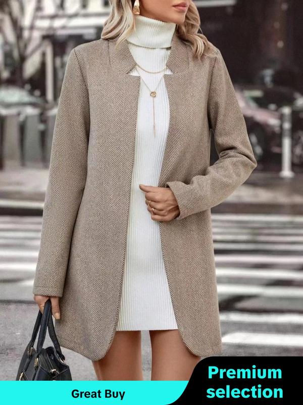 Women's Solid Color Herringbone Long Sleeve Open Front Overcoat, Elegant Jackets, Casual Outerwear for Spring & Fall, Ladies Clothes for Daily Wear, Going Out Outfits 2024