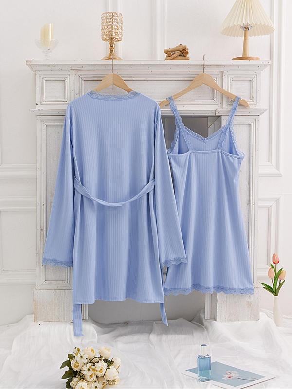 2 Counts Women's Striped Contrast Lace Belted Robe & Cami Nightdress Two-piece Set, Elegant Long Sleeve Robe & Button Front Nightgown, Ladies Sleepwear & Loungewear for All Seasons, 2 Piece Sets Women, Minimalist PJ Sets for Women，Fall Clothes
